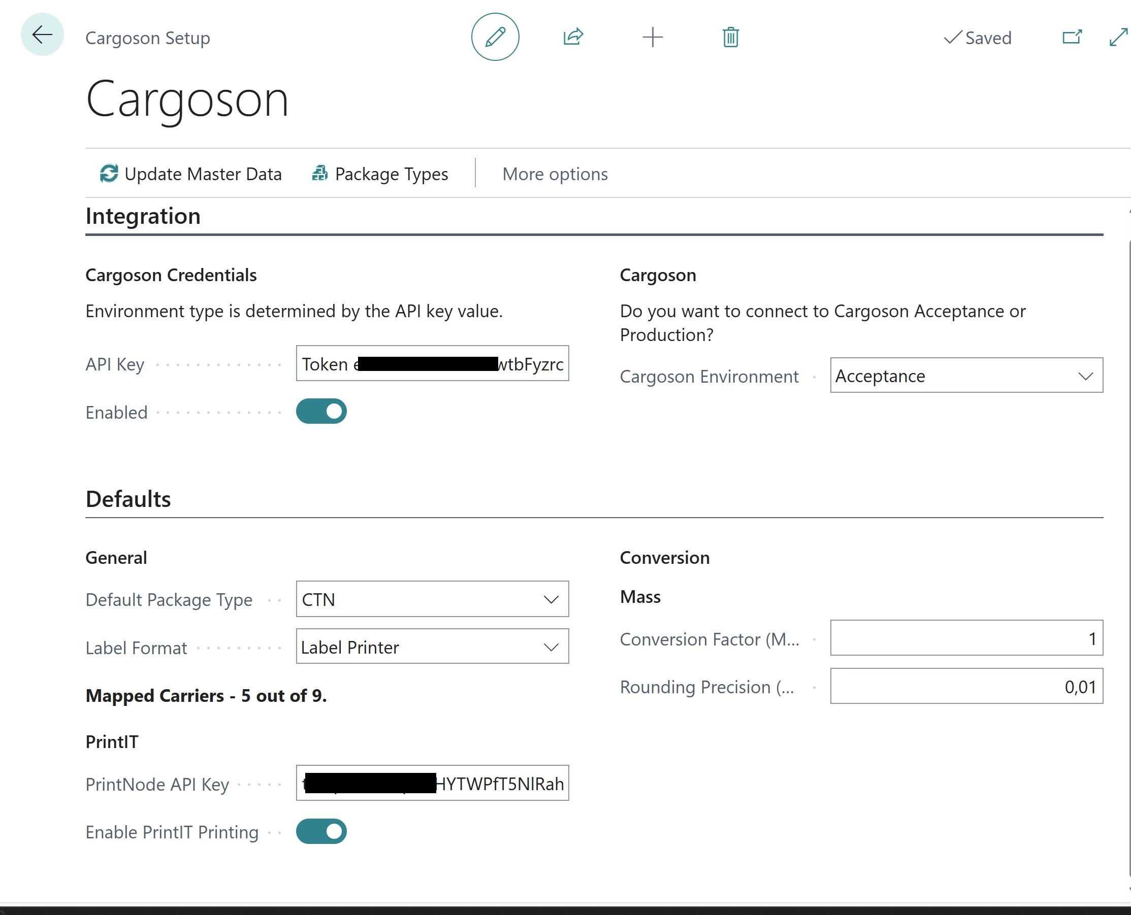 1 Cargoson Setup Page