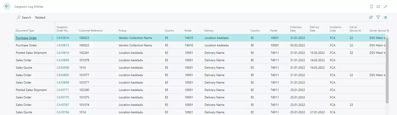 Business Central Cargoson Data Exchange Log