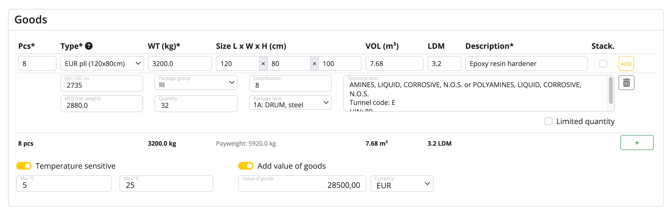 Cargoson TMS veszélyes áruk beviteli űrlap UN szám automatikus kiegészítést mutat vegyipari küldemények esetén