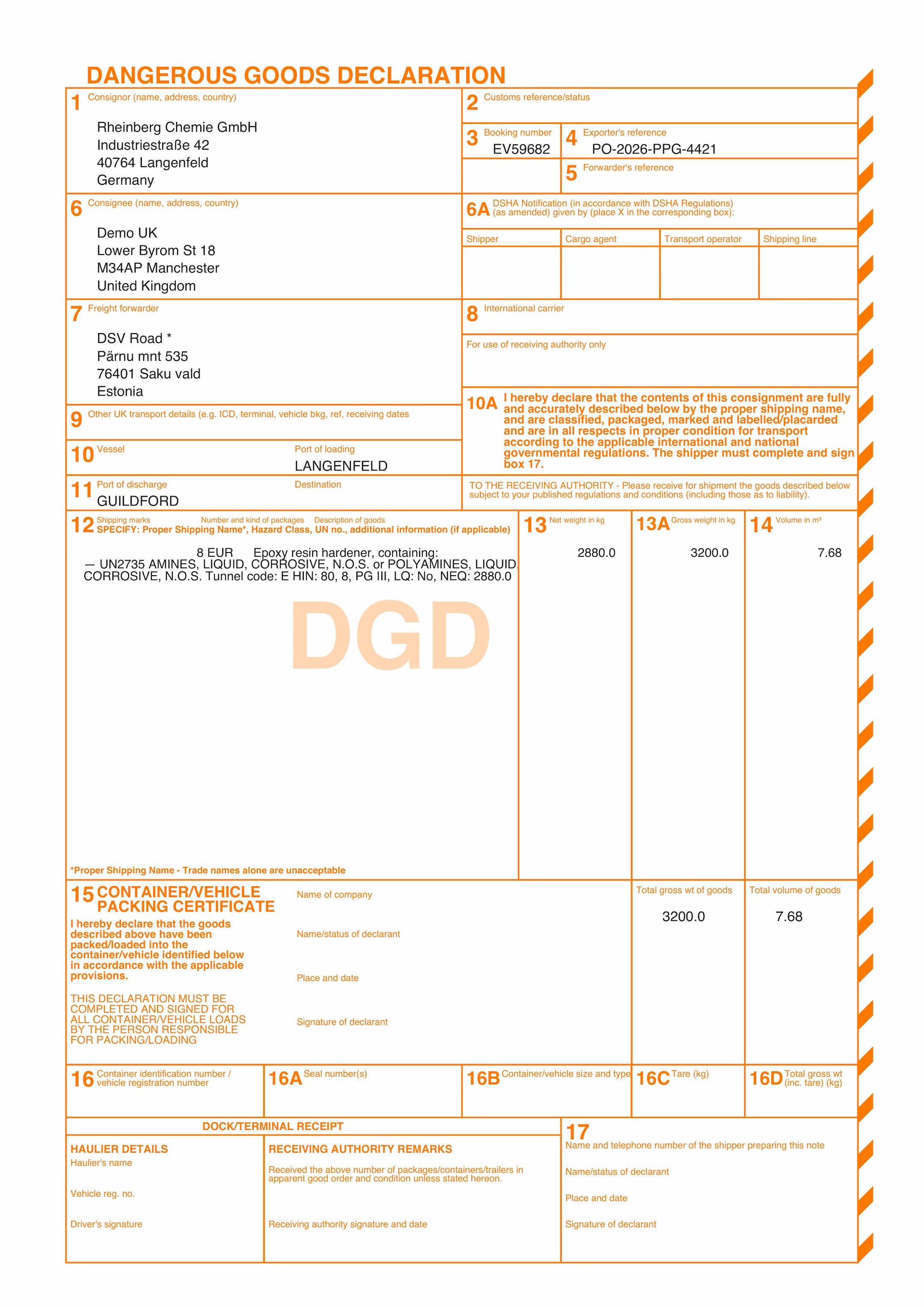 Cargoson TMS által generált ADR veszélyes áruk nyilatkozat