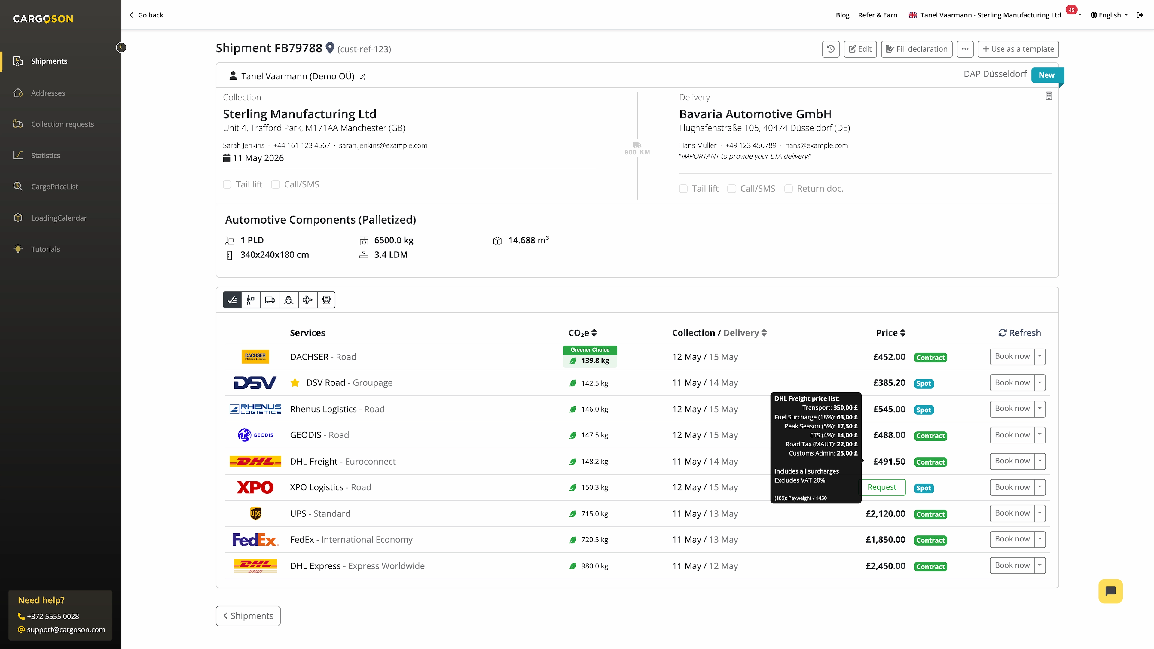 Cargoson TMS viser sammenligning af fragtmandpriser med forudberegnede priser fra flere fragtmænd