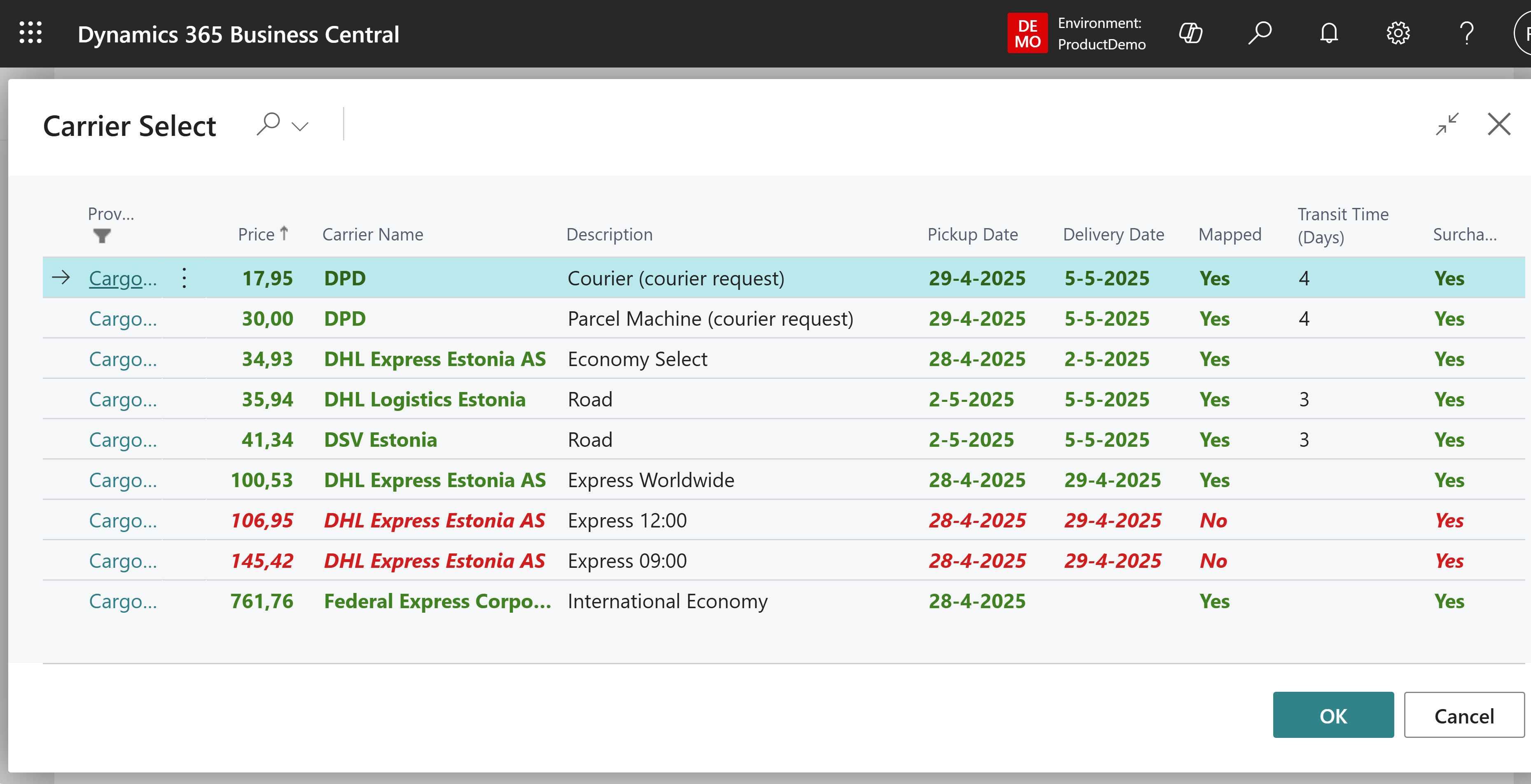 Select a Carrier in the BC Sales Order