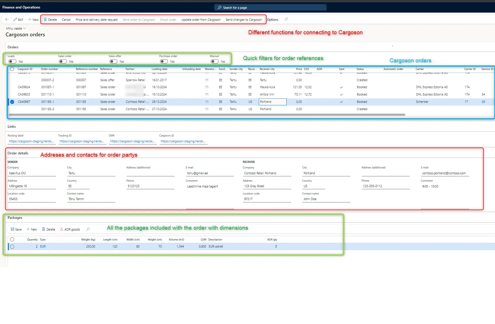 Dynamics 365 Finance & Operations'da Cargoson arayüzü