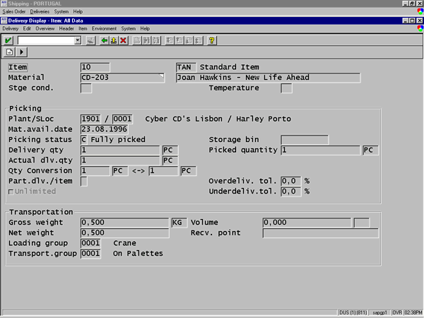 Captura de tela do módulo de entregas do SAP R/3 de 1996 (fonte: SAP via Wayback Machine, https://web.archive.org/web/19961203120846/http://www.sap.com/r3/products/demo/gpd_04_1.htm)