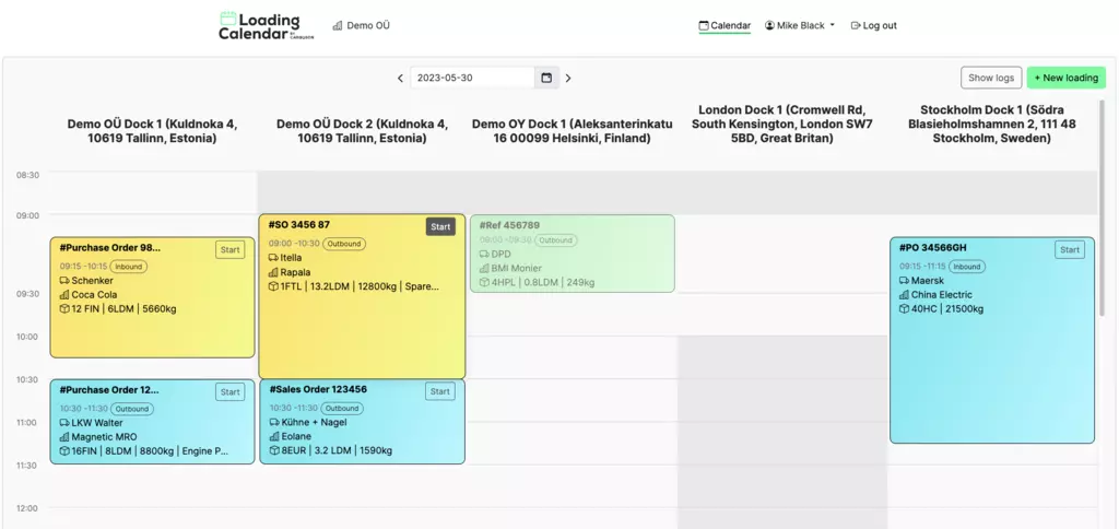Schermafbeelding van de dock scheduling software-dashboard (Loading Calendar van Cargoson)